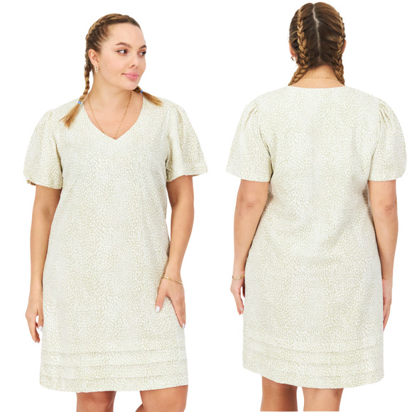 Nicole Miller Original Ivory & Tan Short Sleeve V-Neck Dress - Size XL - Picture 1 of 10